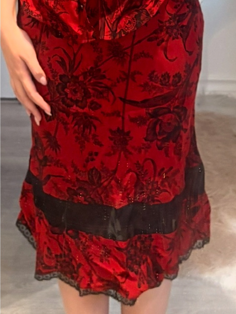 Betsey Johnson Red Floral Midi Skirt with Black Band